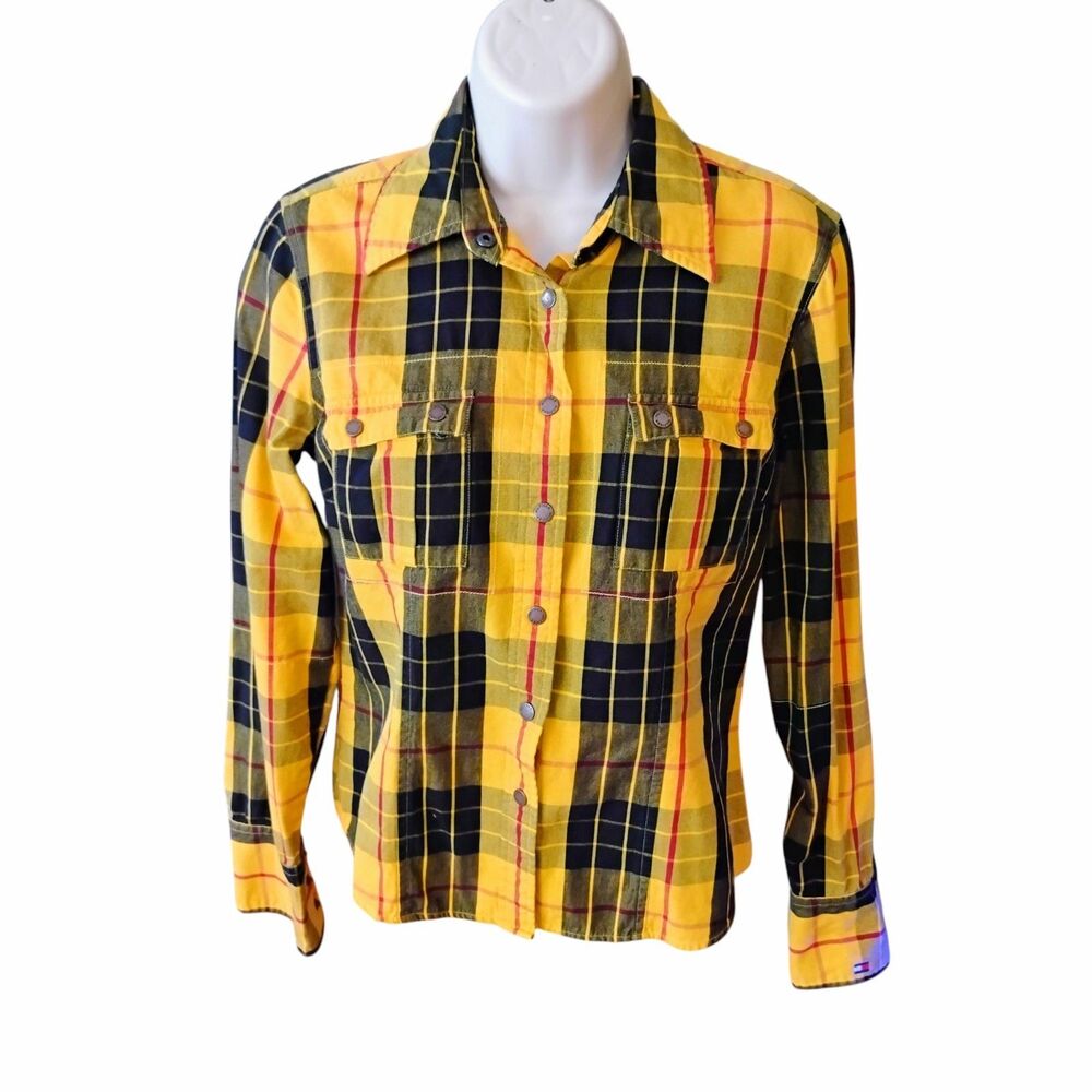 Tommy Hilfiger Y2K Yellow Plaid Flannel Shirt Small Clueless 2002 Snap Vintage